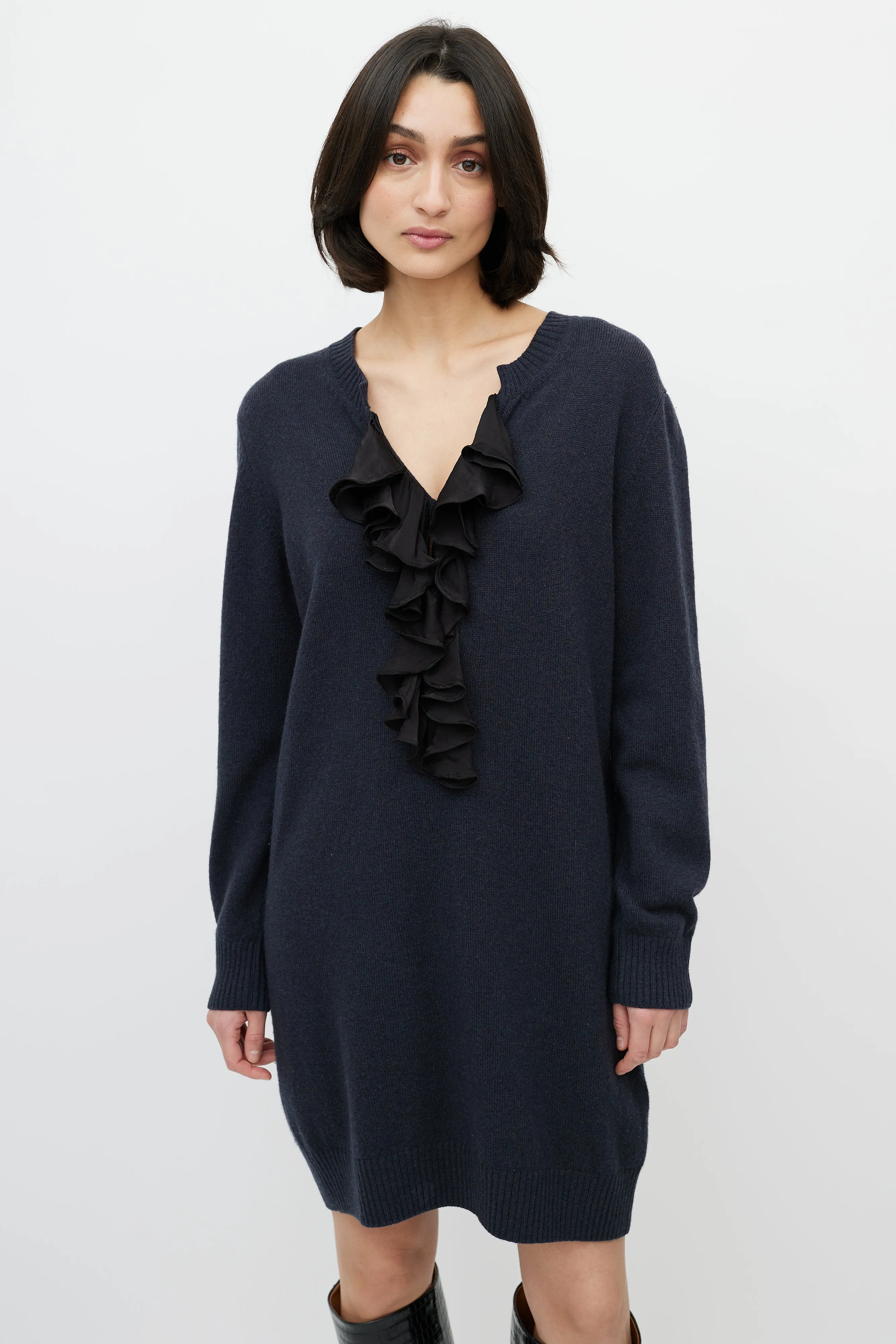 Navy Ruffled Sweater Dress