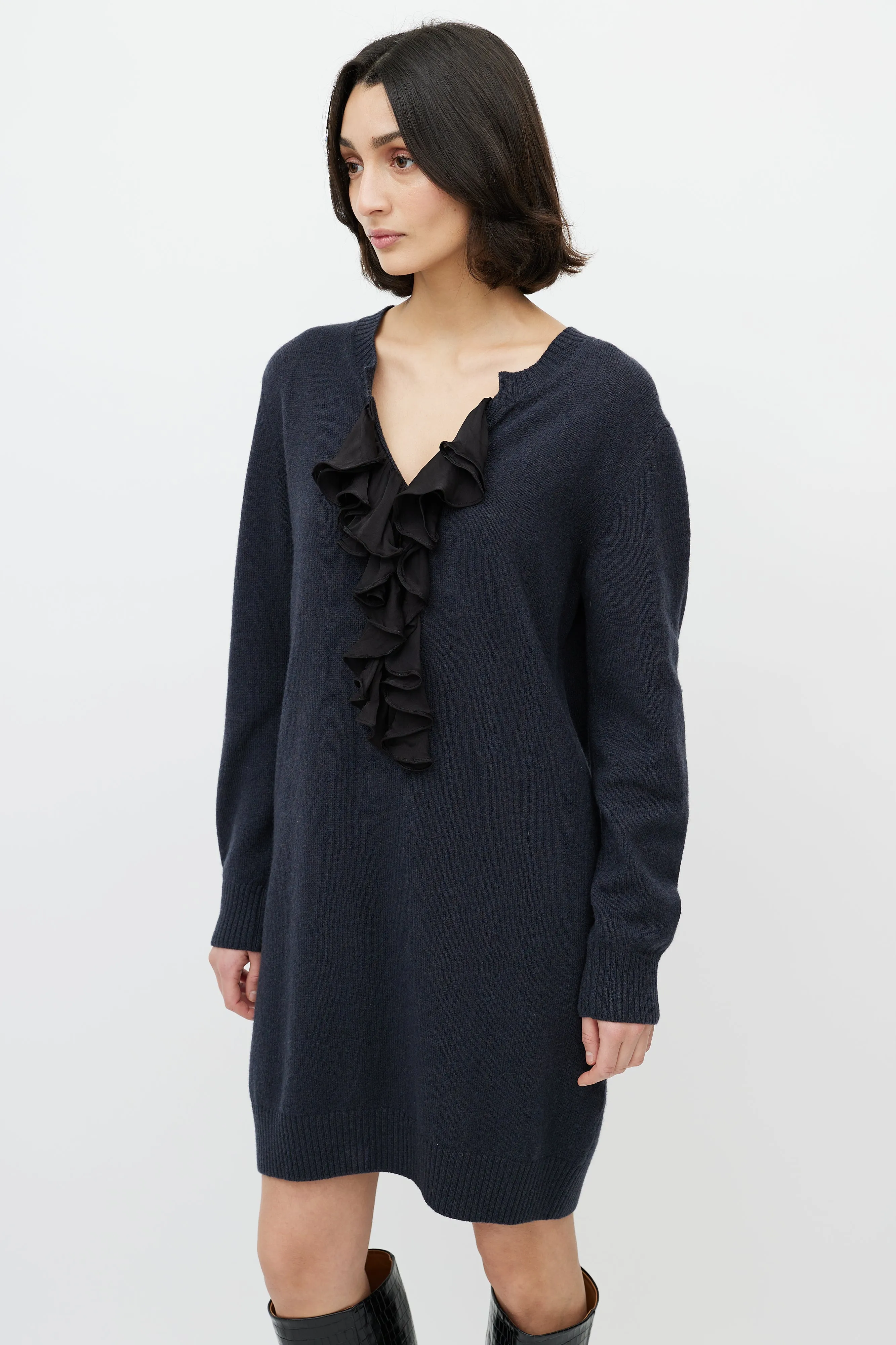 Navy Ruffled Sweater Dress