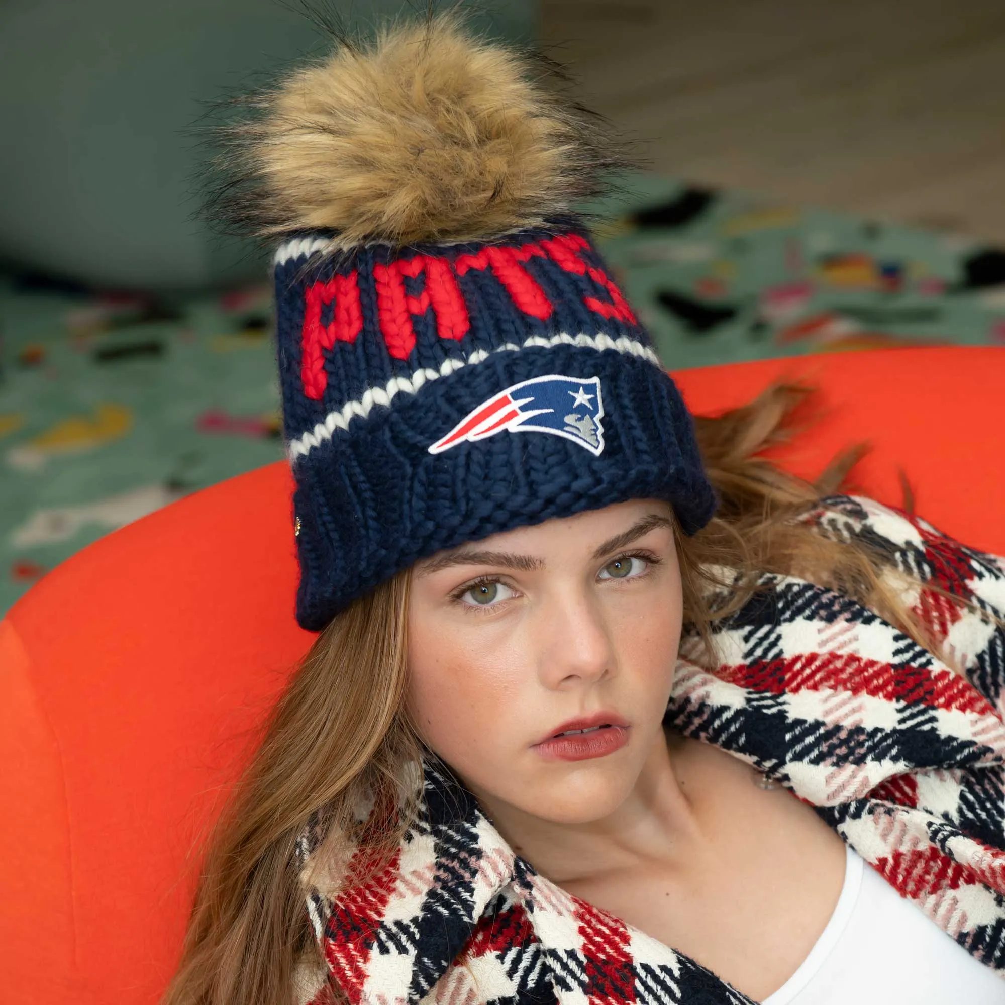 NEW ENGLAND PATRIOTS LELE SADOUGHI X NFL NAVY BEANIE FAUX FUR POM