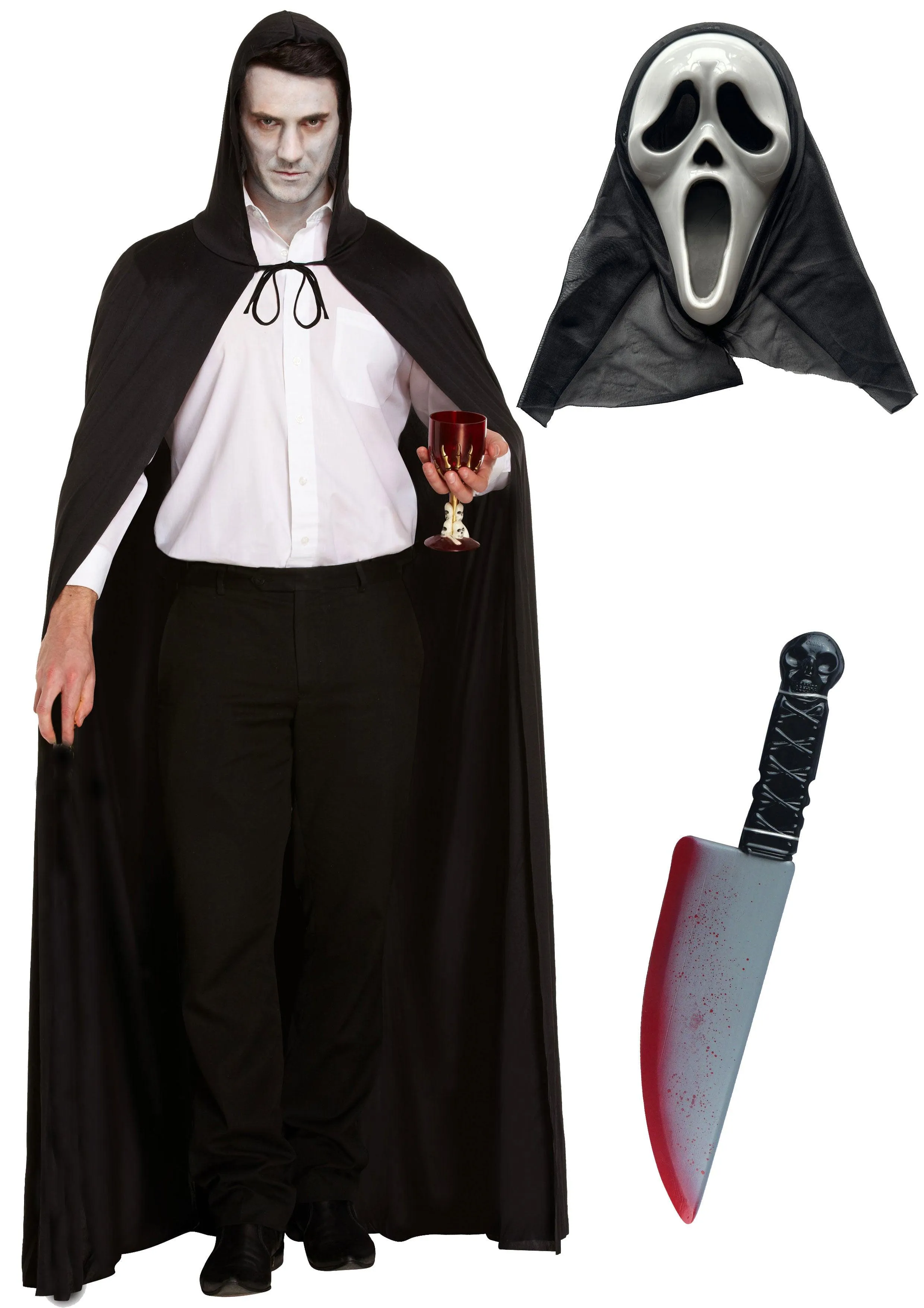 Nightmare Unleashed: Long Black Cape, Scream Ghost Killer Mask, and 38cm Fake Bloodied Knife Weapon