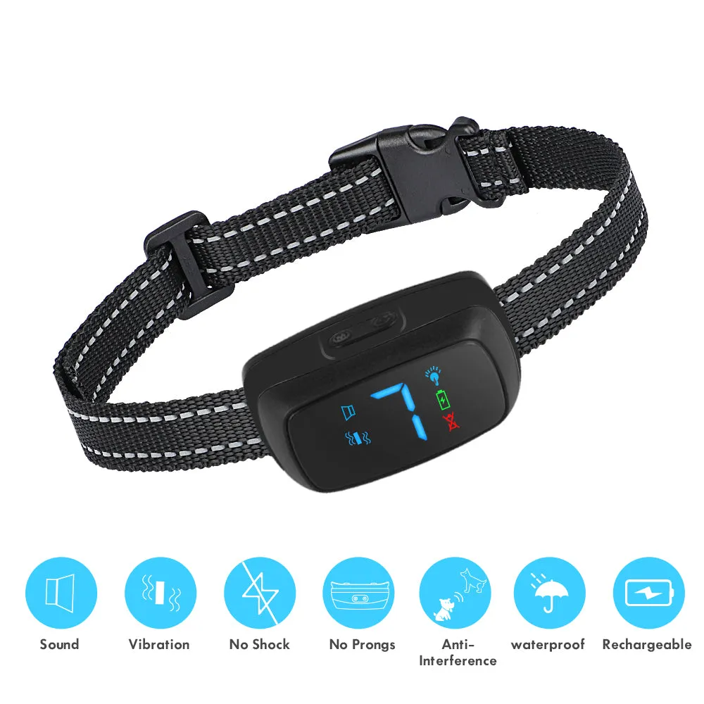 No Shock Rechargeable Water Resistant LED Bark Control Collar, Sound & Vibration Only, For 7-120lb Dogs, Neck Size 7in to 25in