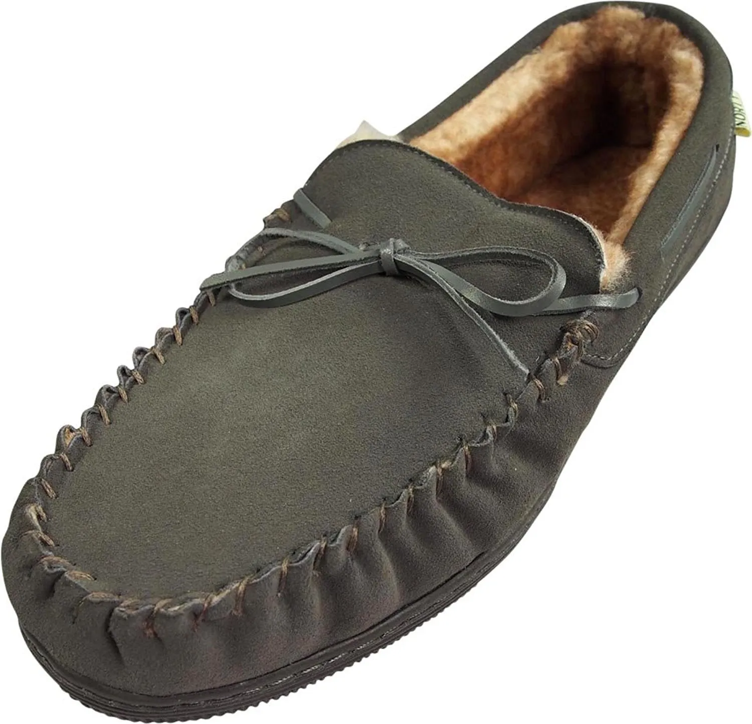 Norty Mens Genuine Leather Cowhide Suede Slippers - Moccasin Slip On Loafer - Lux Plush Fur Lining