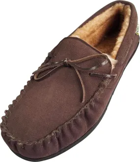 Norty Mens Genuine Leather Cowhide Suede Slippers - Moccasin Slip On Loafer - Lux Plush Fur Lining