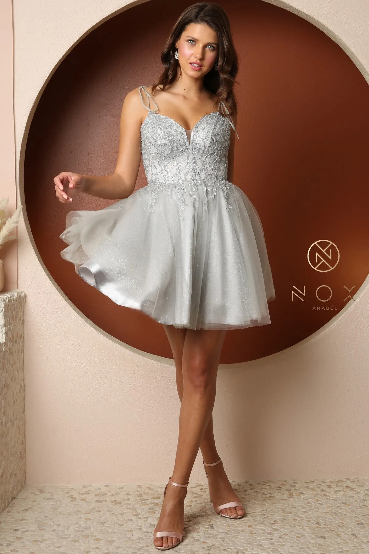 NOX ANABEL F732 Embellished Deep Sweetheart Short Dress