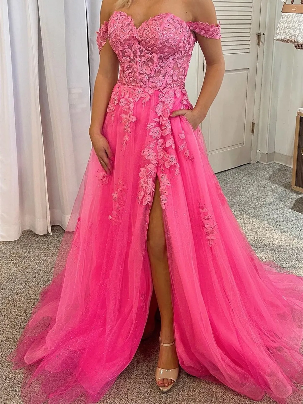 Off Shoulder Hot Pink Tulle Lace Long Prom Dresses with High Slit, Hot Pink Lace Formal Graduation Evening Dresses