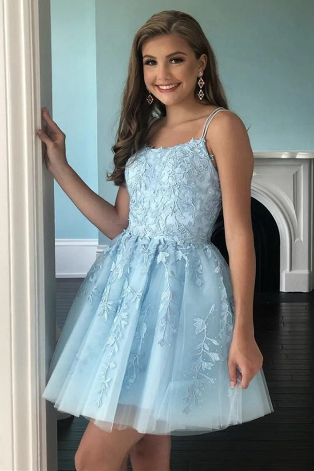 Open Back Light Blue Lace Short Homecoming Prom Dress, Light Blue Lace Formal Dress, Blue Evening Dress