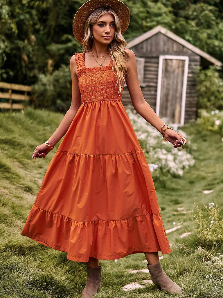 Orange Spaghetti Strap Bohemia Holiday Dress For Women