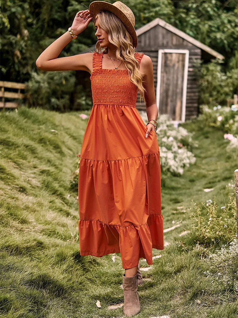 Orange Spaghetti Strap Bohemia Holiday Dress For Women