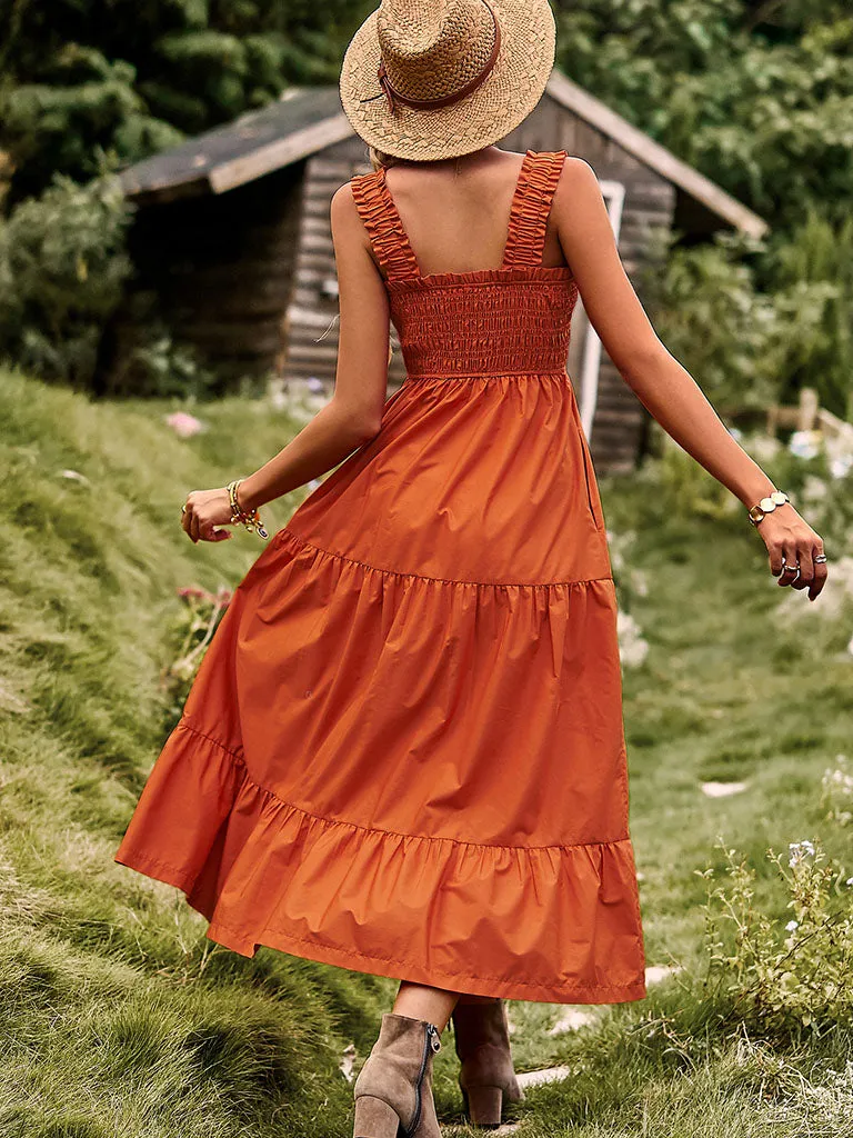 Orange Spaghetti Strap Bohemia Holiday Dress For Women