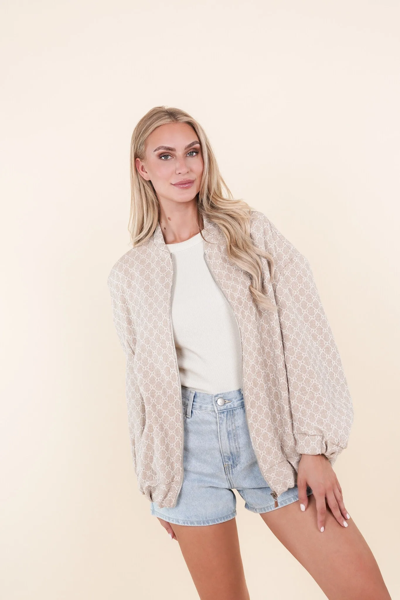 Oversized bomber jacket met print beige - Liselot