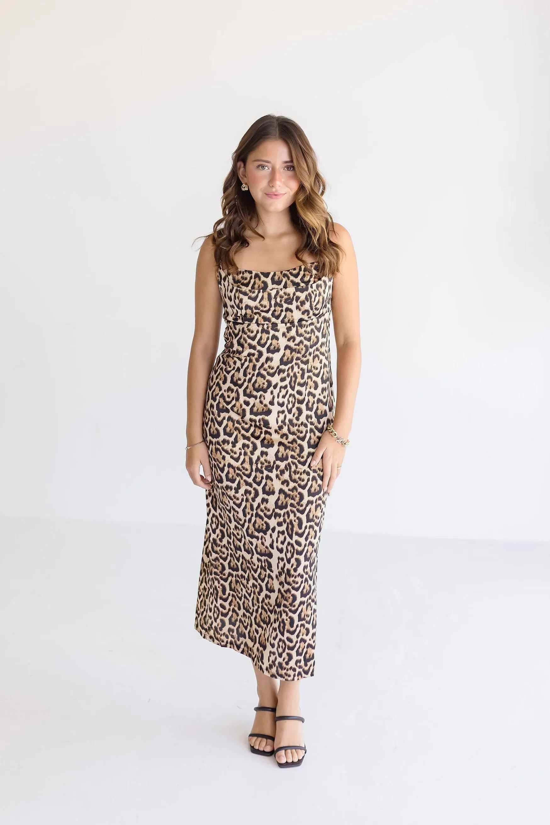 Paris Sleeveless Leopard Print Midi Dress Brown