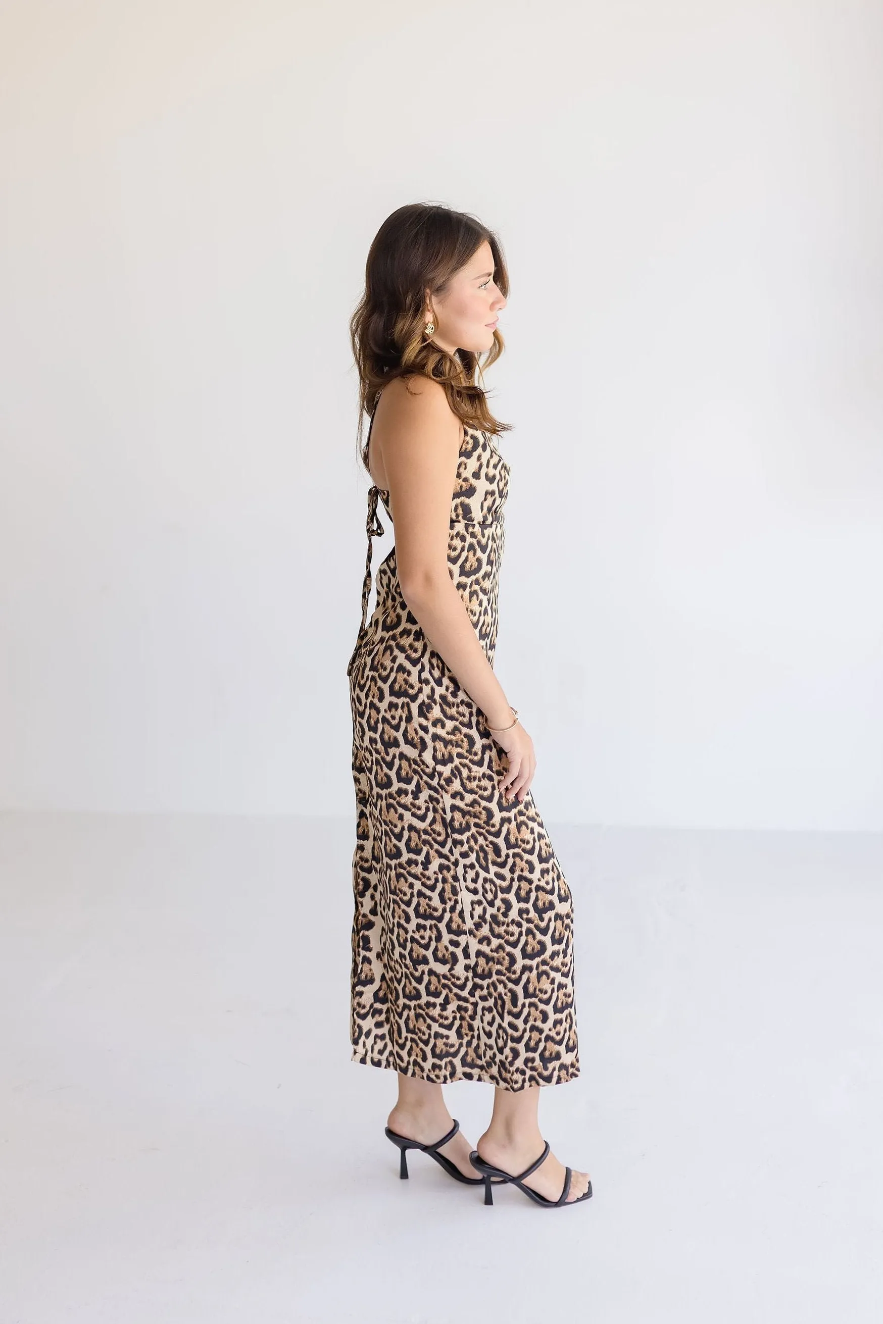 Paris Sleeveless Leopard Print Midi Dress Brown