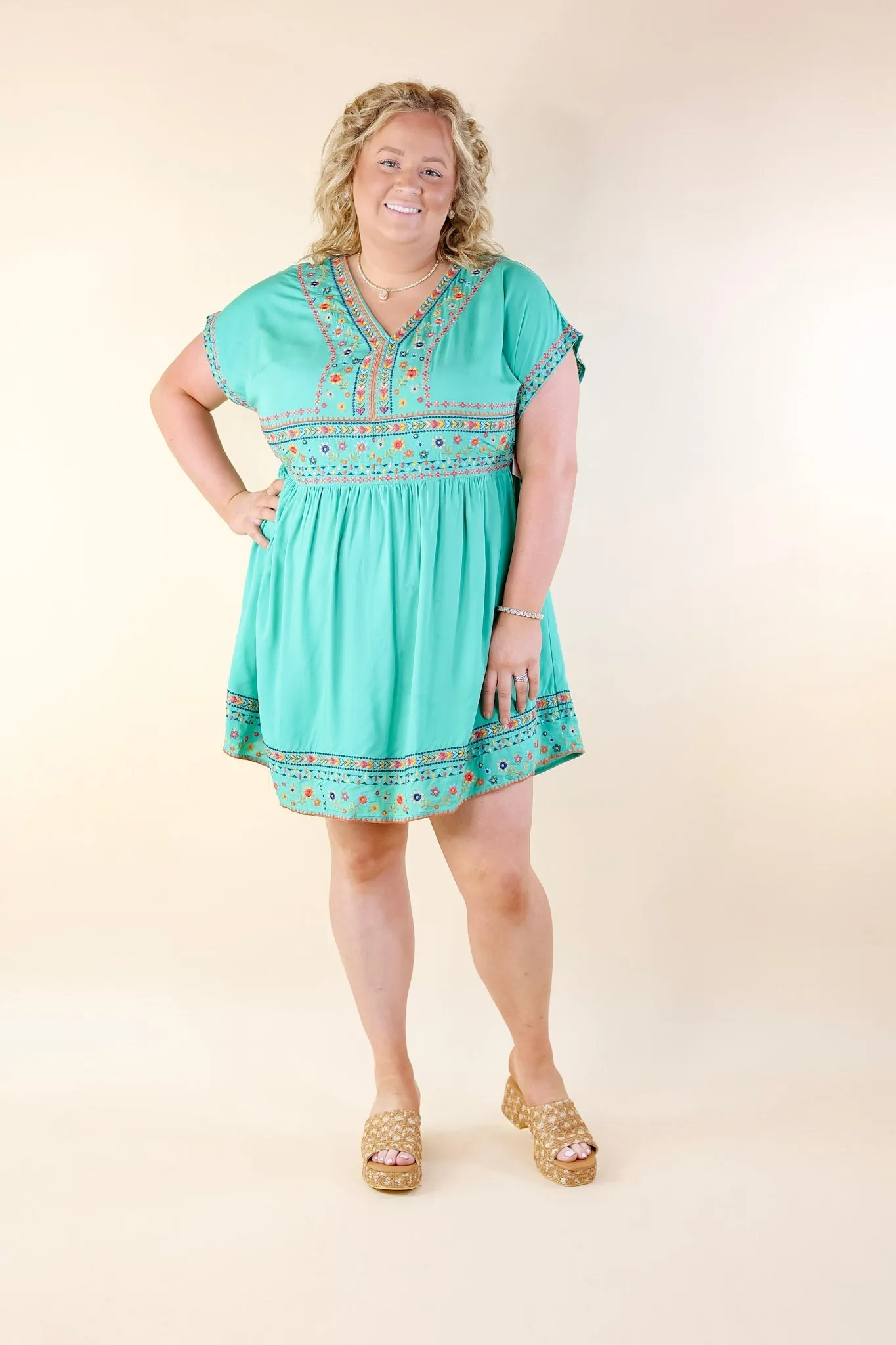 Passing Through V Neck Embroidered Dress with Short Sleeves in Mint Green