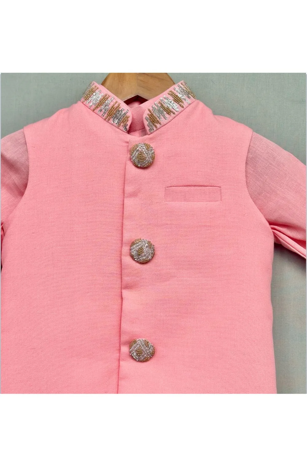 Pastel Pink Embroidered Nehru Jacket Kurta With Pyjama Set