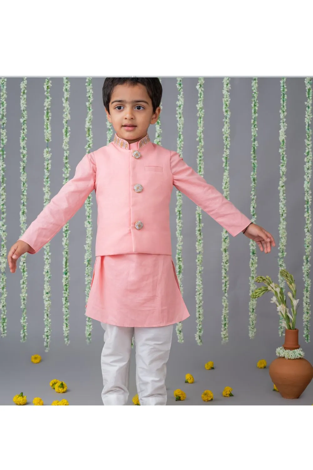 Pastel Pink Embroidered Nehru Jacket Kurta With Pyjama Set