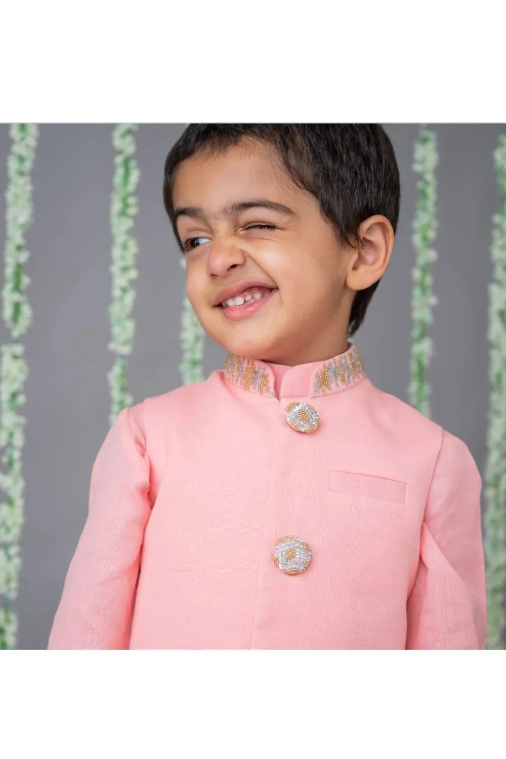 Pastel Pink Embroidered Nehru Jacket Kurta With Pyjama Set