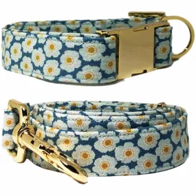 Pattefrenz Daisy Blue Gold Dog Collar & Leash Set (Medium)