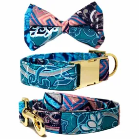 Pattefrenz Japanese Blue Wave Gold Dog Collar, Leash & Bowtie Set (Medium)