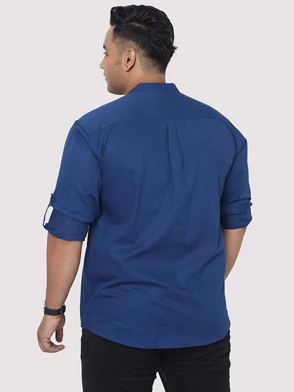 Peacock Blue Mandarin Collar Men's Plus Size Cotton Full Shirt