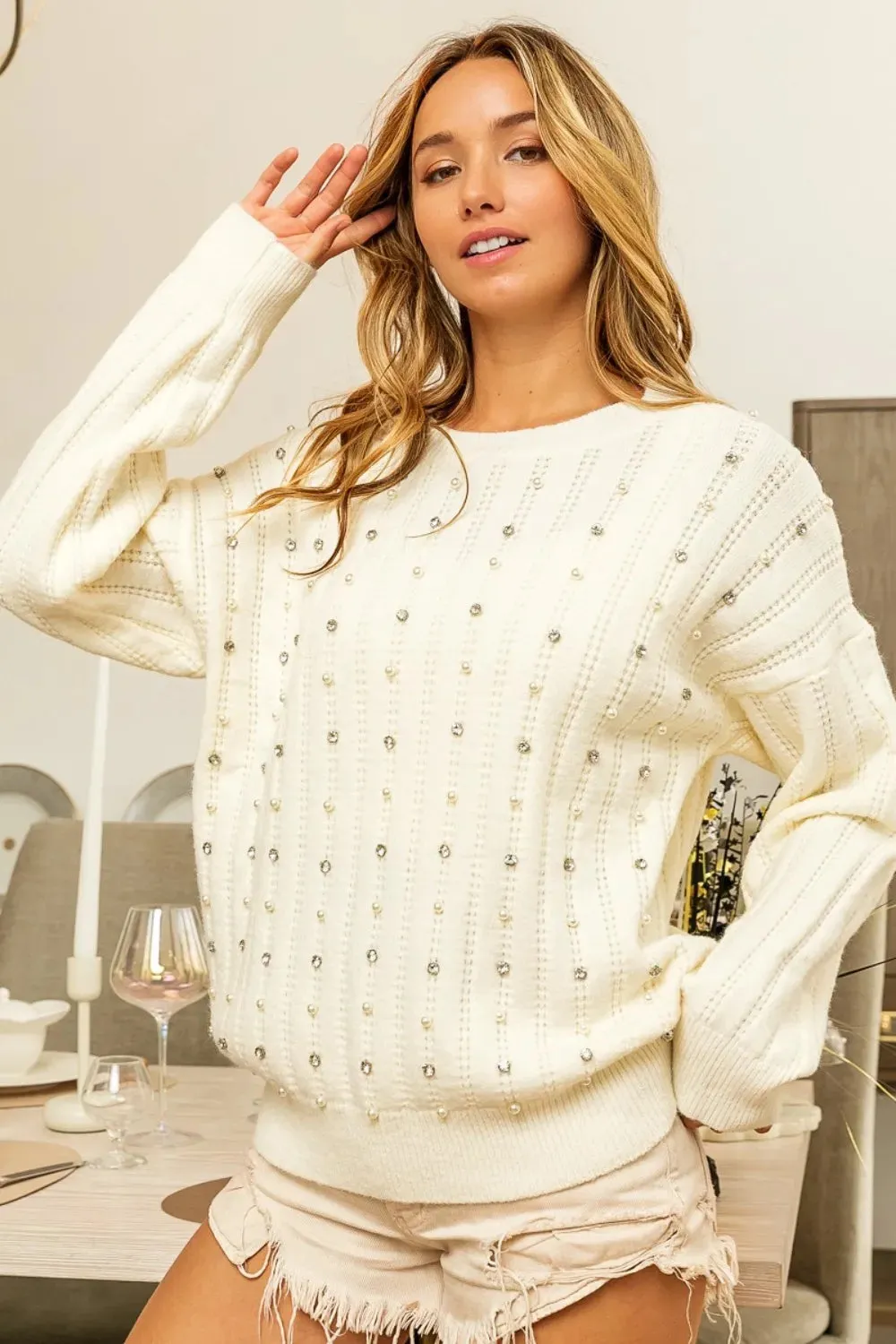 Pearl & Rhinestone Decor Long Sleeve Sweater