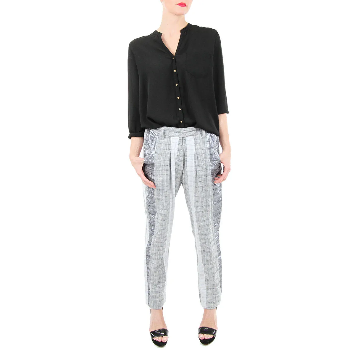 Pegged Trouser - Grey Metallic with Elastic Waist