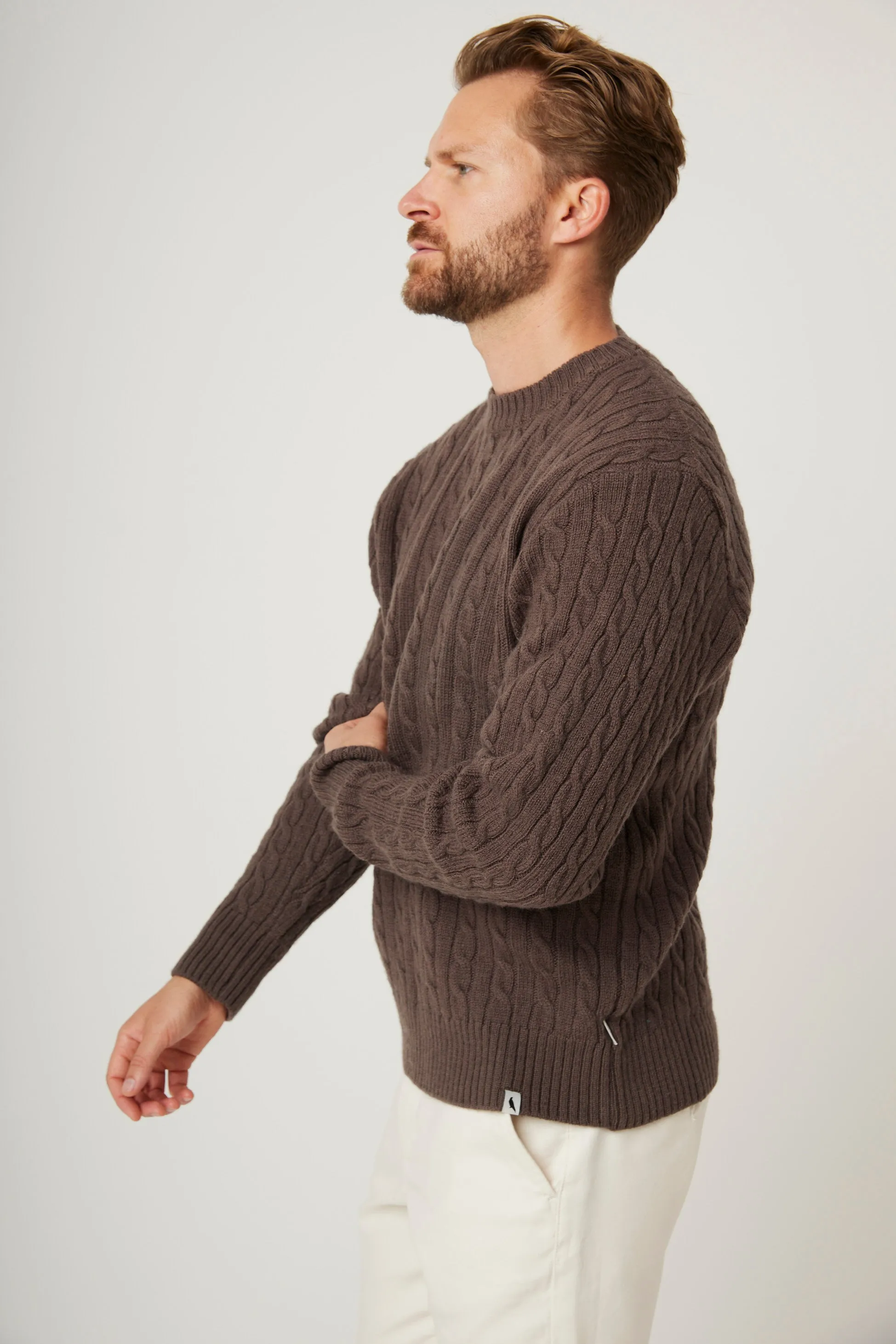 Peregrine Sweater Makers Stitch Cable Crew Jumper Coffee