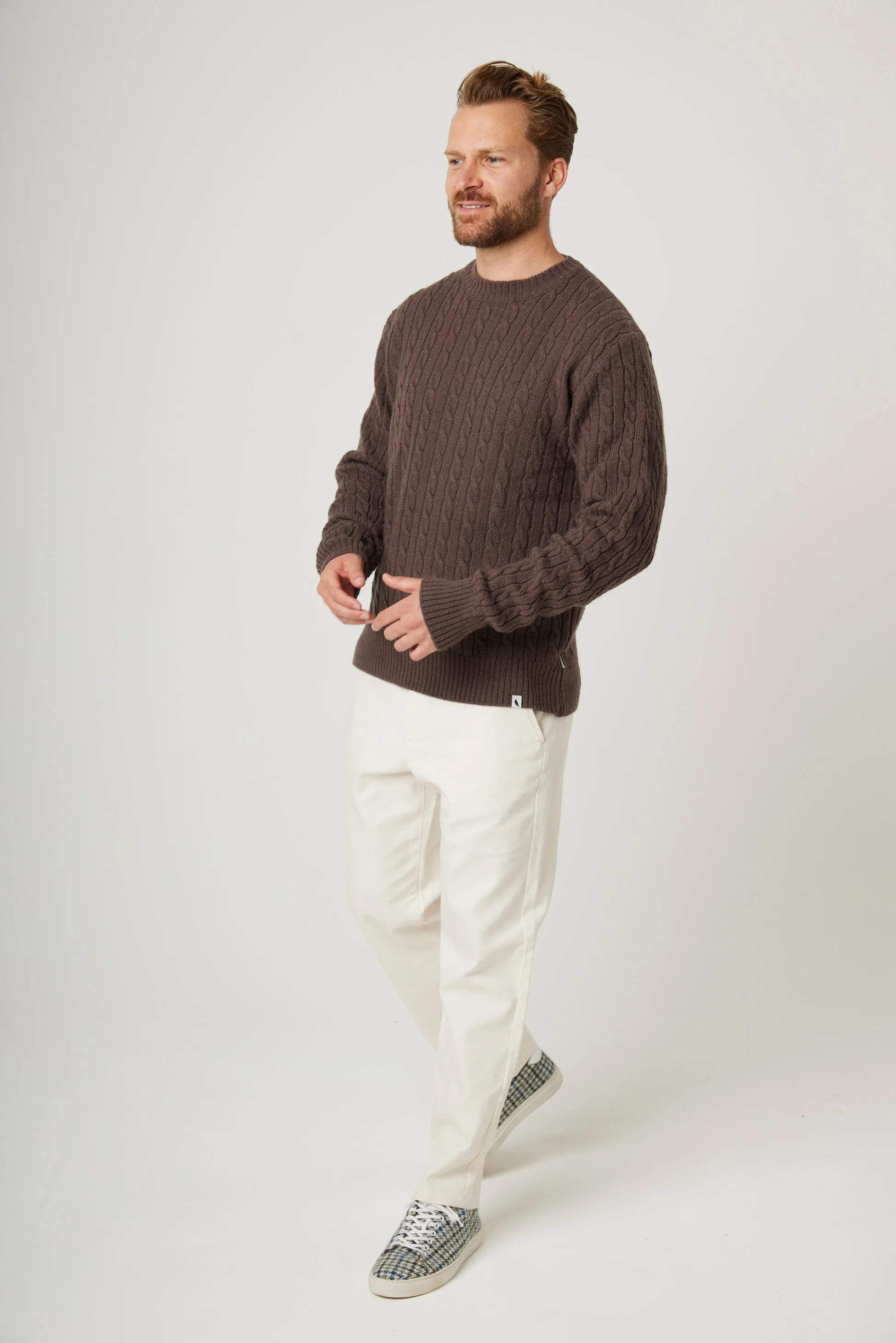 Peregrine Sweater Makers Stitch Cable Crew Jumper Coffee