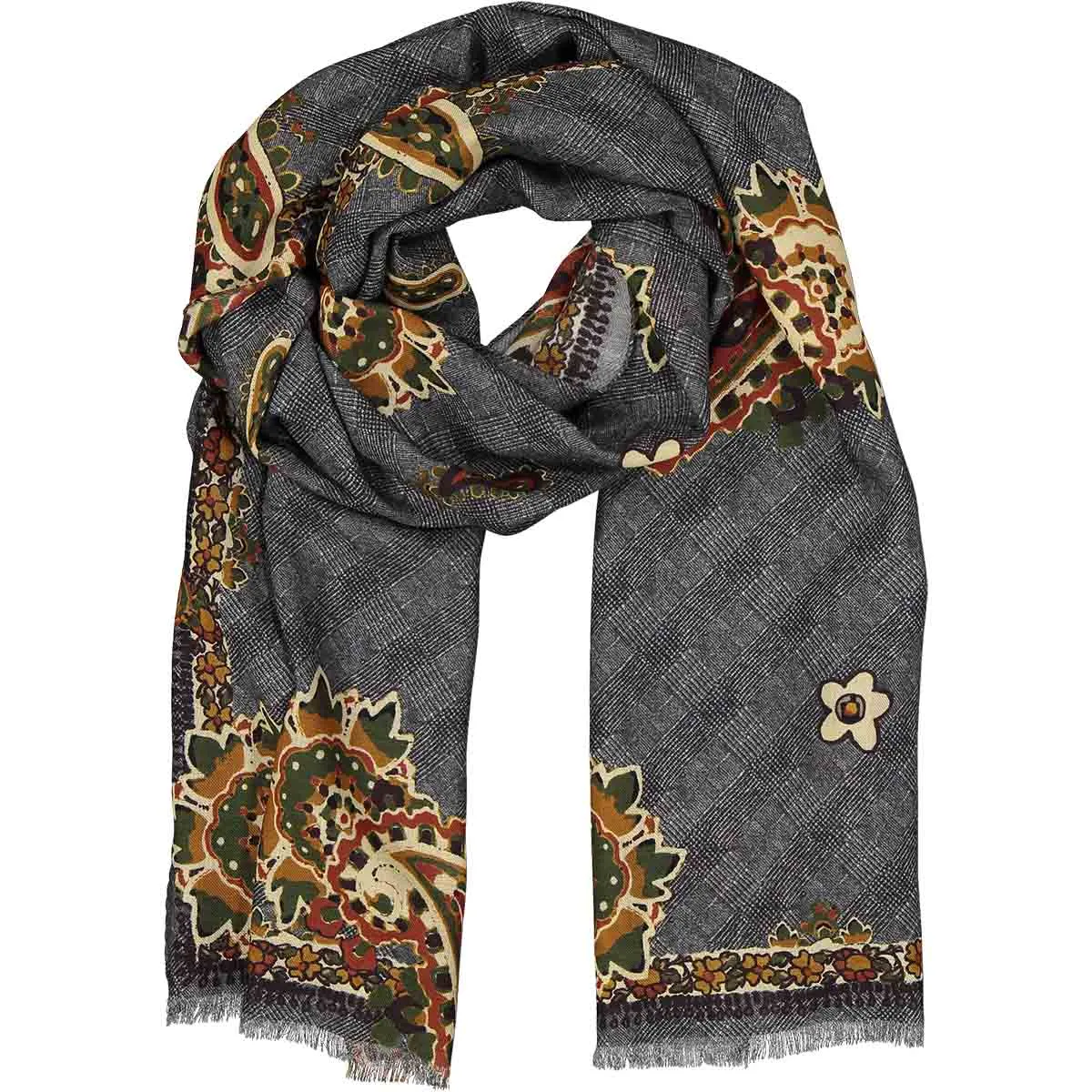 PERVINCA - grey macro paisley fringed wool hand made scarf