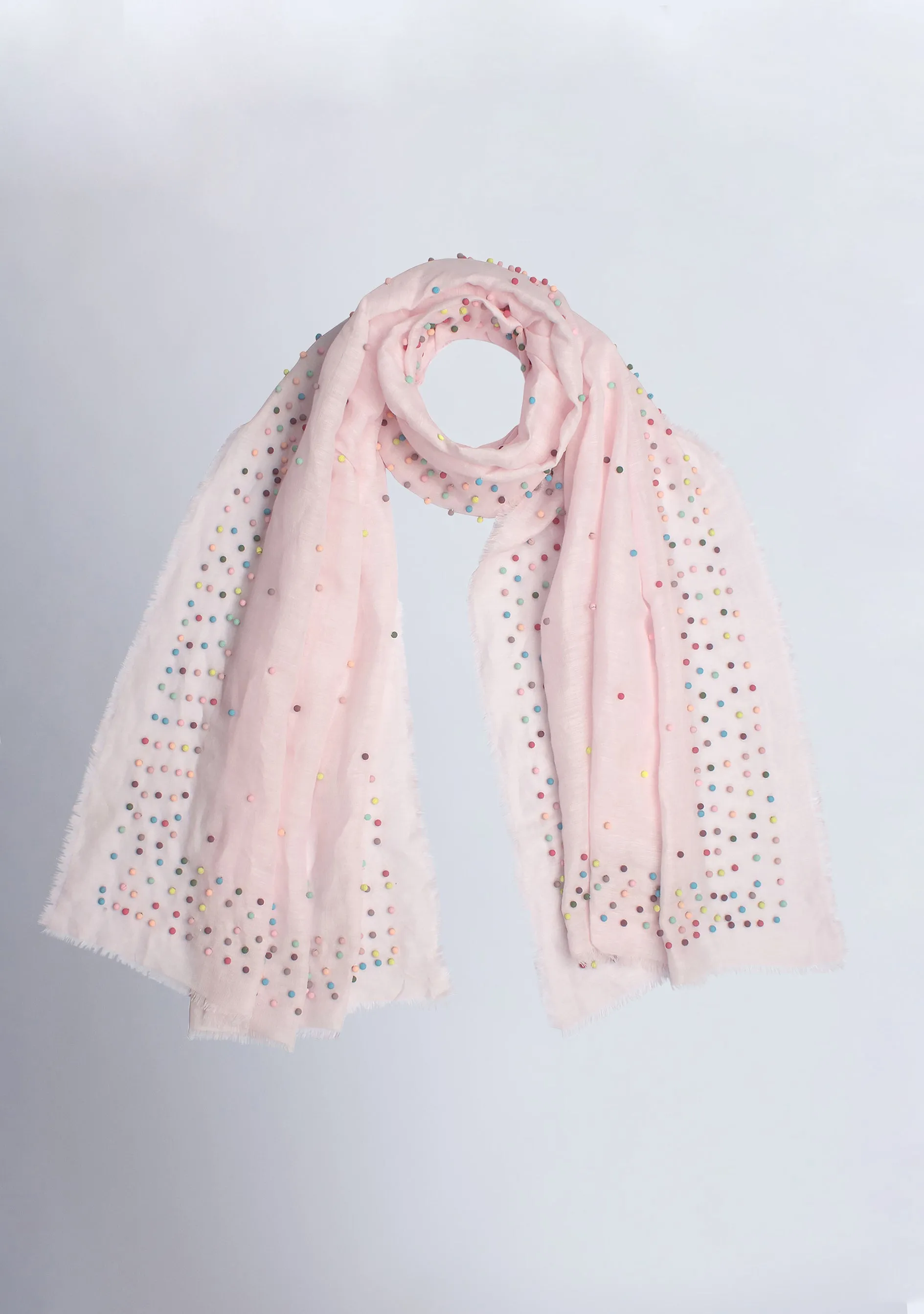 Pink Linen and Modal Scarf with Multi-colored Rudraksha Pearls