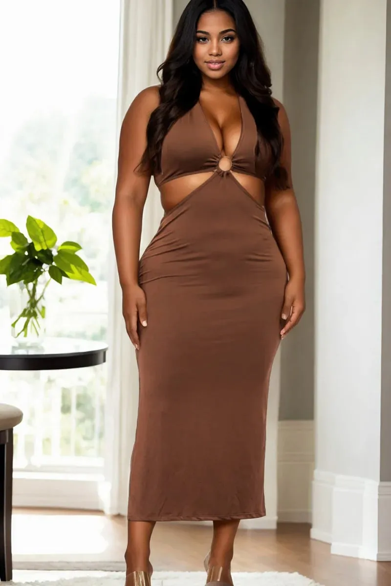 Plus size cut-out halter neck double back tie split thigh midi dress