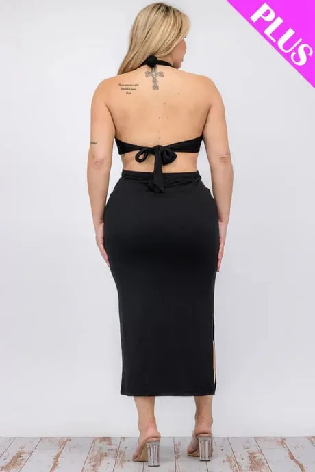 Plus size cut-out halter neck double back tie split thigh midi dress