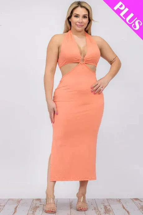 Plus size cut-out halter neck double back tie split thigh midi dress