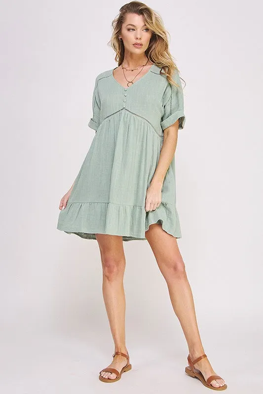 PLUS SIZE SHORT SLV BUTTON DOWN V-NECK SHORT DRESS - online exclusive