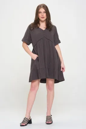 PLUS SIZE SHORT SLV BUTTON DOWN V-NECK SHORT DRESS - online exclusive