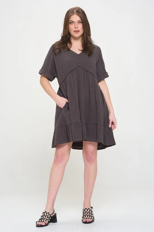 PLUS SIZE SHORT SLV BUTTON DOWN V-NECK SHORT DRESS - online exclusive