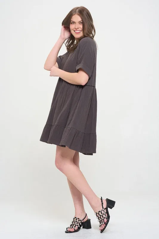 PLUS SIZE SHORT SLV BUTTON DOWN V-NECK SHORT DRESS - online exclusive