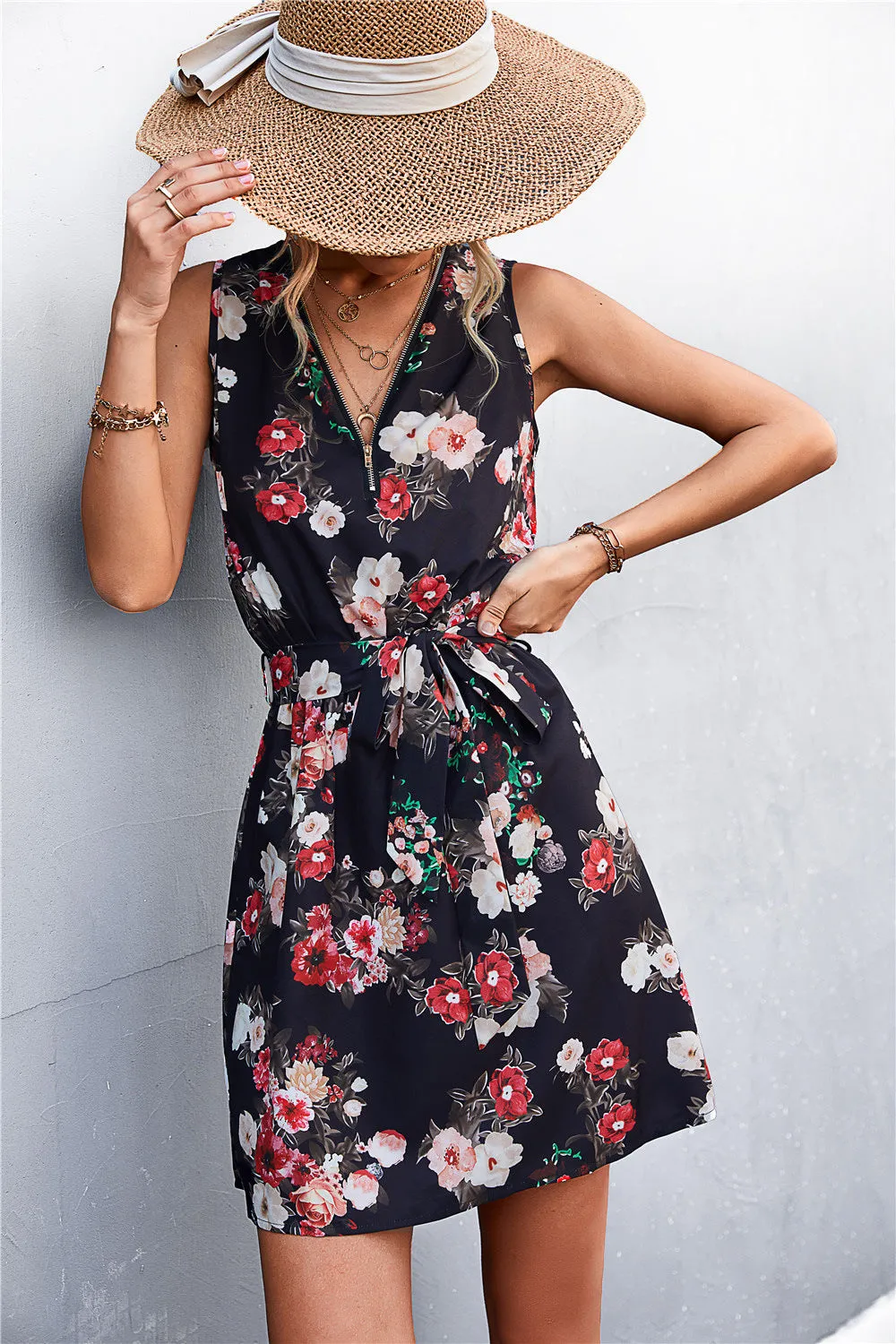 Printed Zip Detail Belted Sleeveless Dress