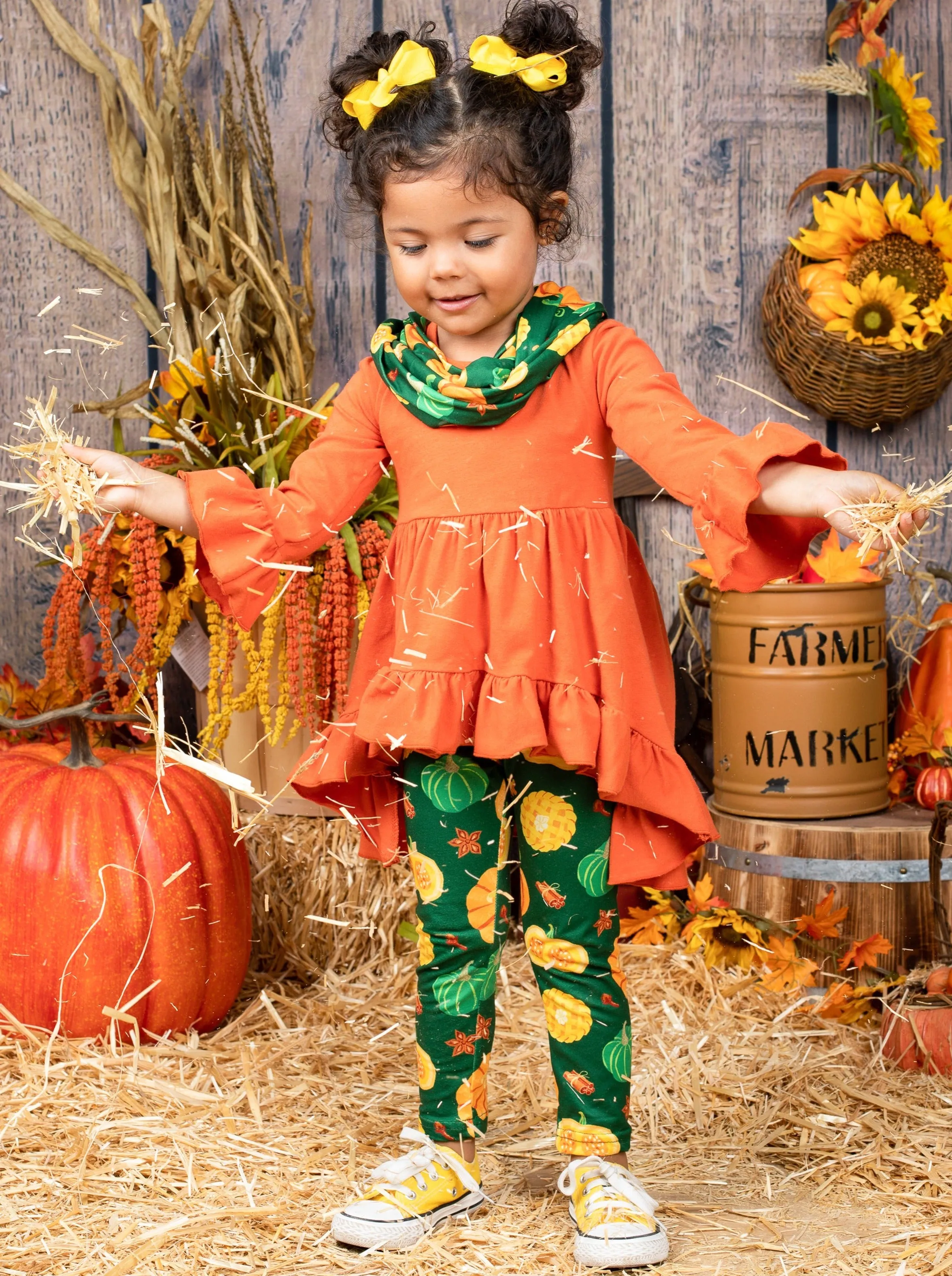 Pumpkin Season Hi-Lo Tunic, Leggings and Scarf Set