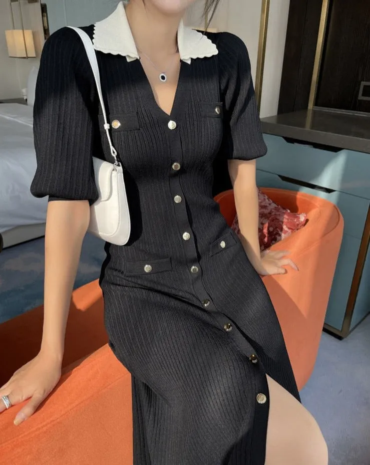 Purpdrank - Elegant Puff Sleeve Knitted Sweater Dress Women Clothes New Lapel Single-breasted Ice Silk Fabric Knit Dress