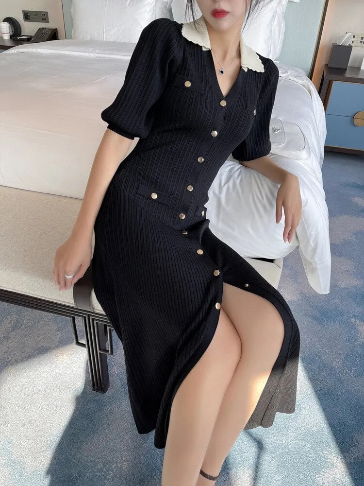 Purpdrank - Elegant Puff Sleeve Knitted Sweater Dress Women Clothes New Lapel Single-breasted Ice Silk Fabric Knit Dress