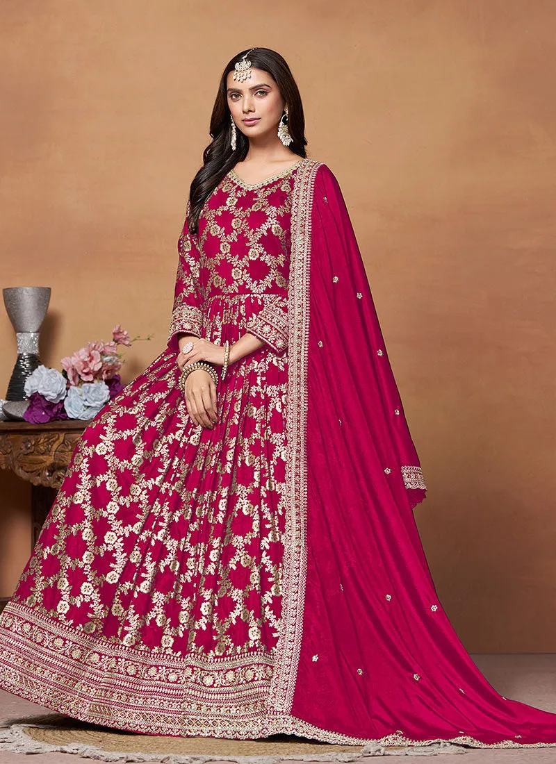 Rani Pink Embroidery Anarkali Suit For Wedding