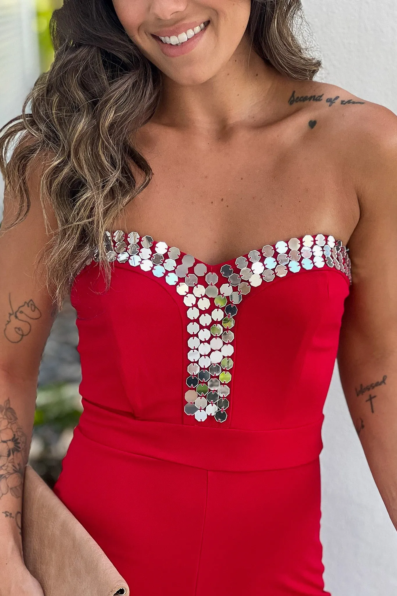 Red Strapless Jumpsuit With Details