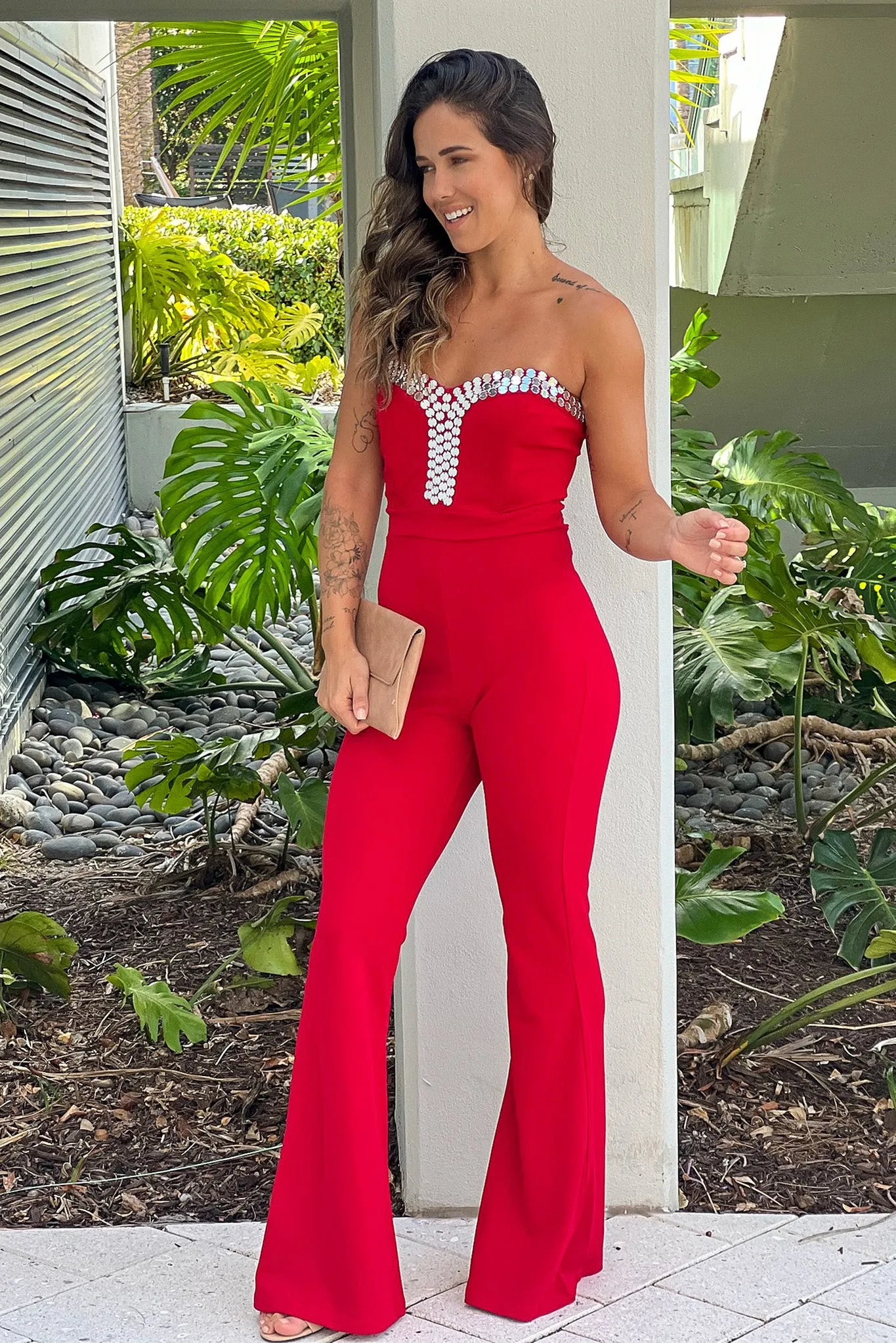 Red Strapless Jumpsuit With Details