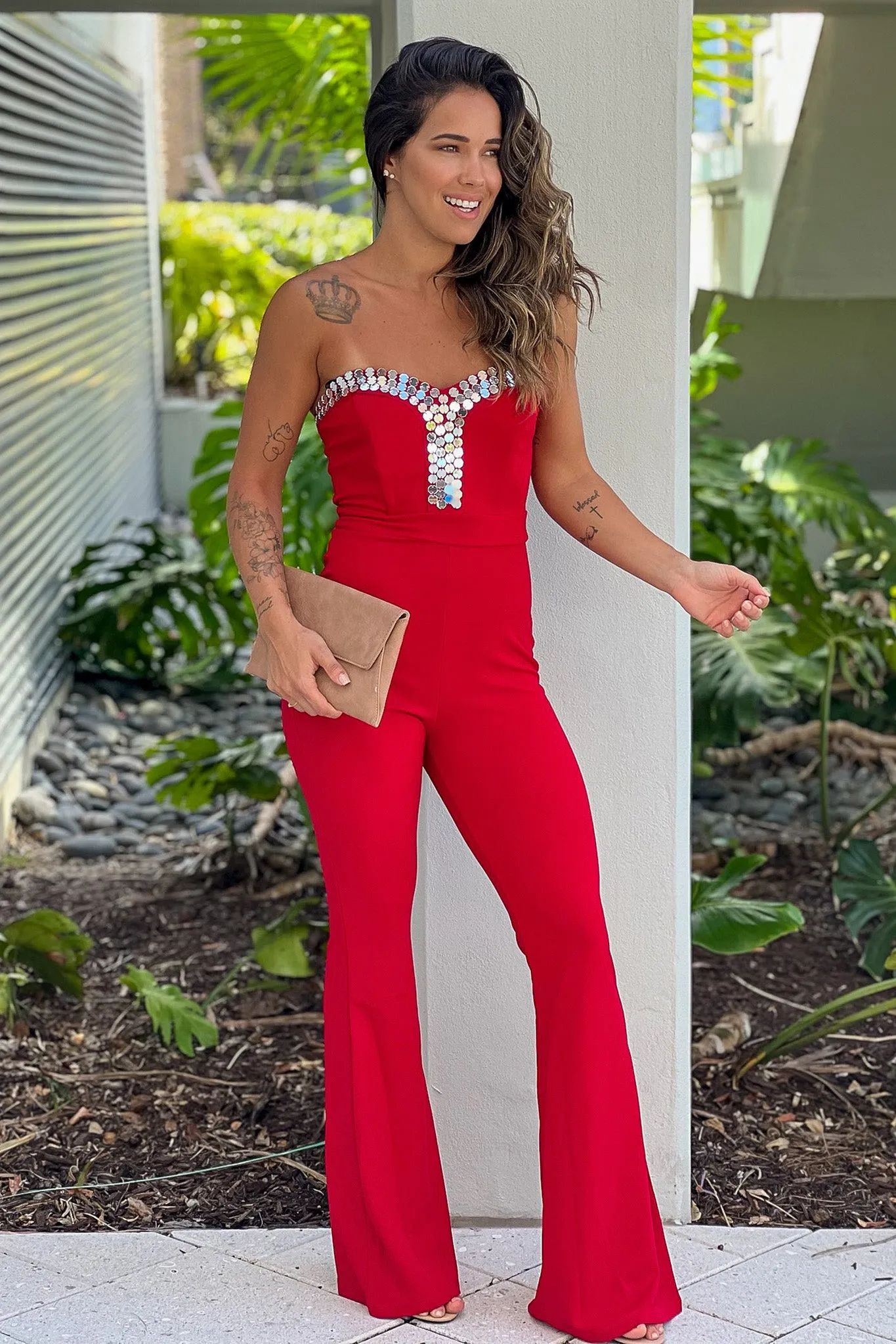 Red Strapless Jumpsuit With Details