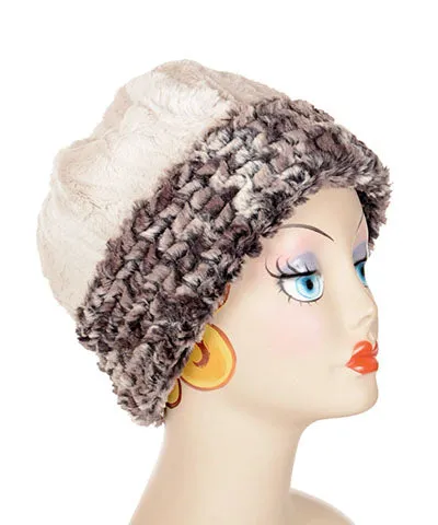 Reversible Faux Fur Beanie Hat - Luxury Faux Fur in Calico Browns