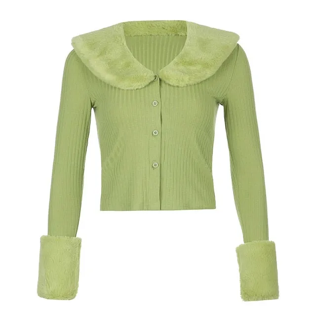 Ribbed Knitted Cardigans With Fur Trim Collar Long Sleeve