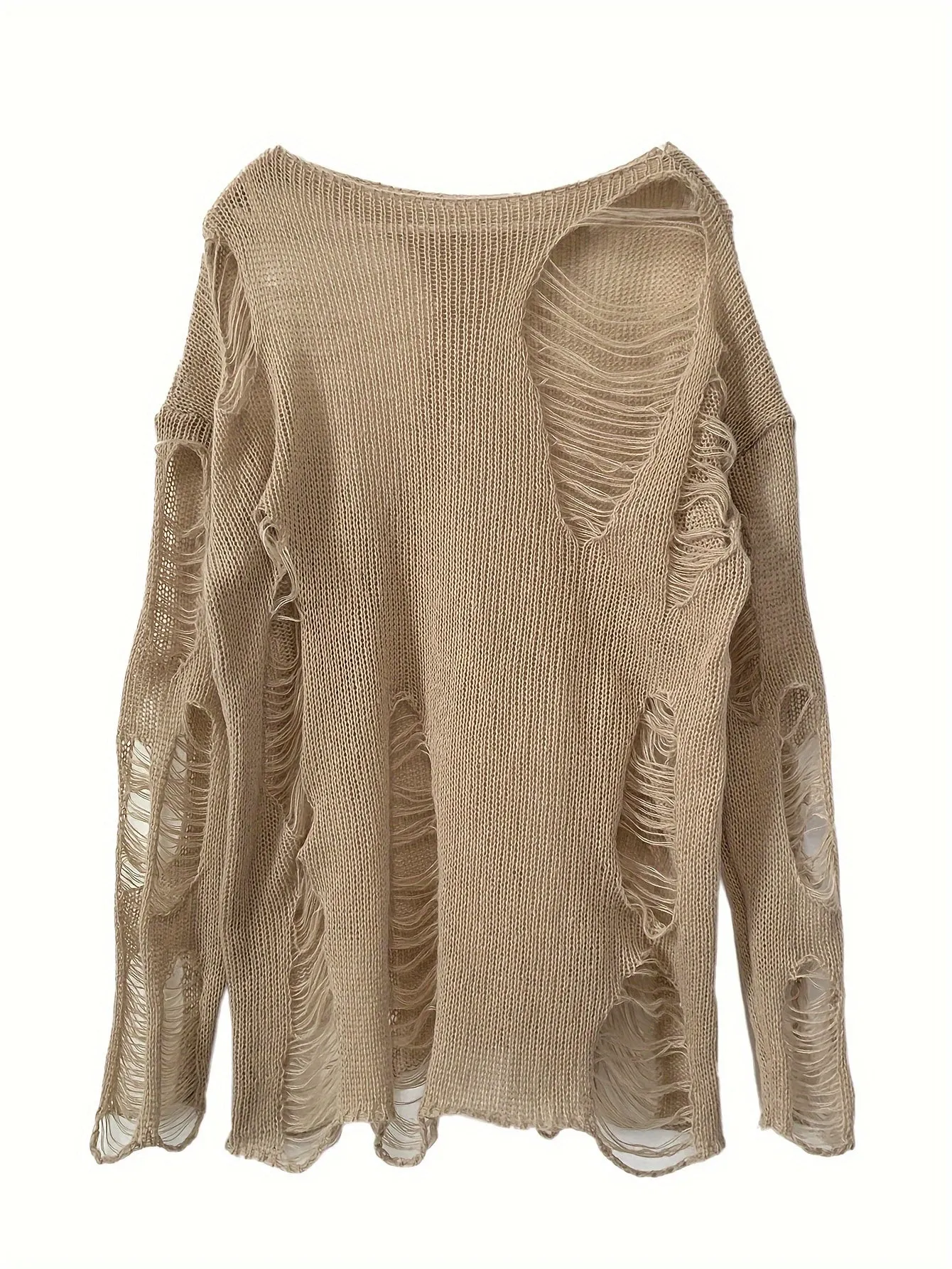 Ripped Boat Neck Knit Sweater - Distressed, Solid-Colored, Long-Sleeved, Cozy, Casual, Chic Women's Clothing - Perfect for Everyday Wear, Outdoor Activities, and Layering