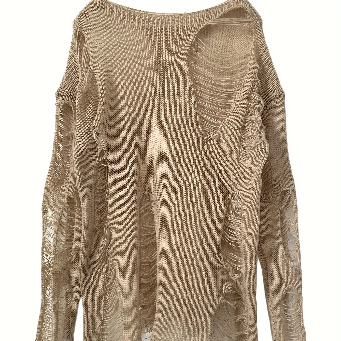 Ripped Boat Neck Knit Sweater - Distressed, Solid-Colored, Long-Sleeved, Cozy, Casual, Chic Women's Clothing - Perfect for Everyday Wear, Outdoor Activities, and Layering