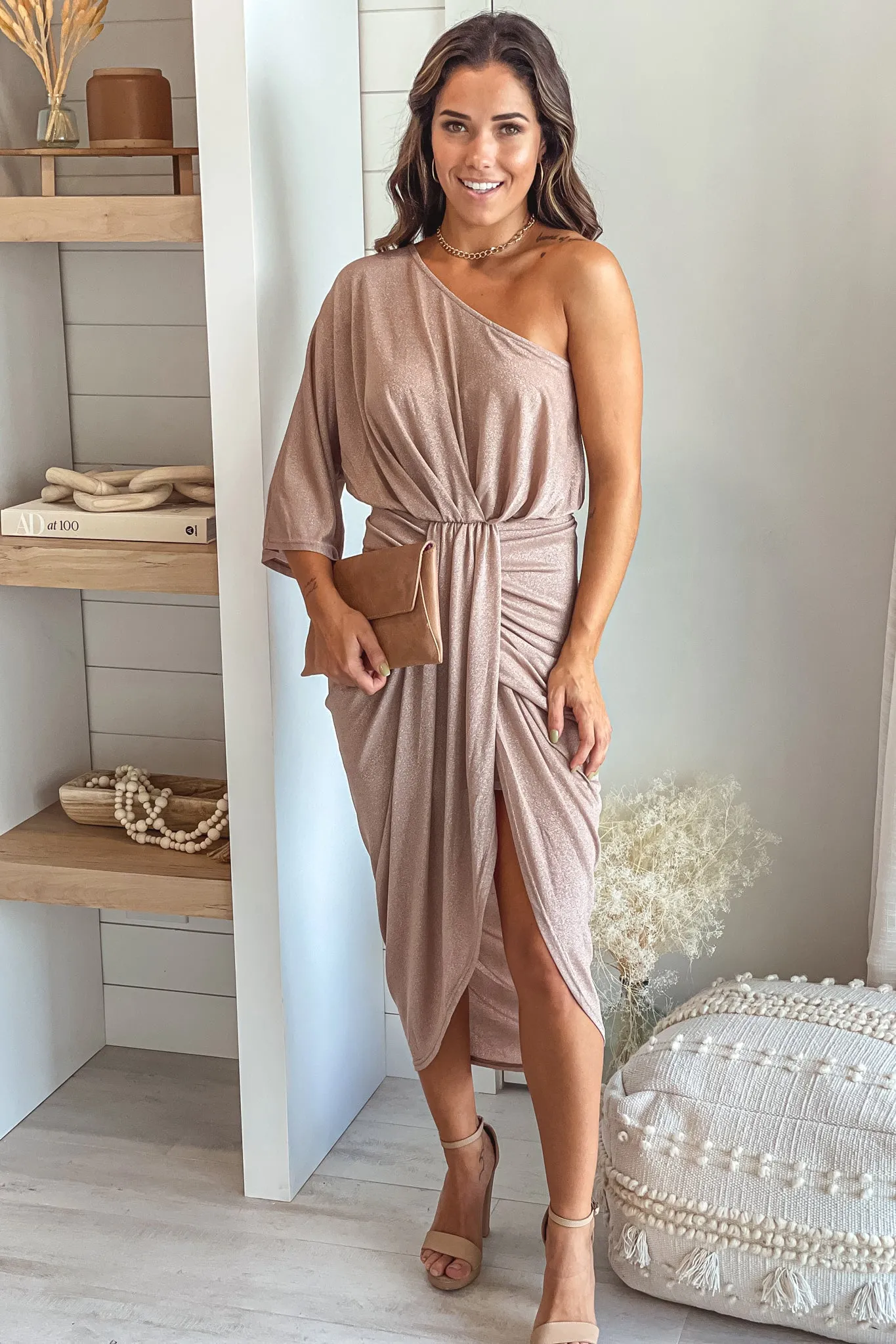 Rose Gold Shimmer One Shoulder Ruched Dress