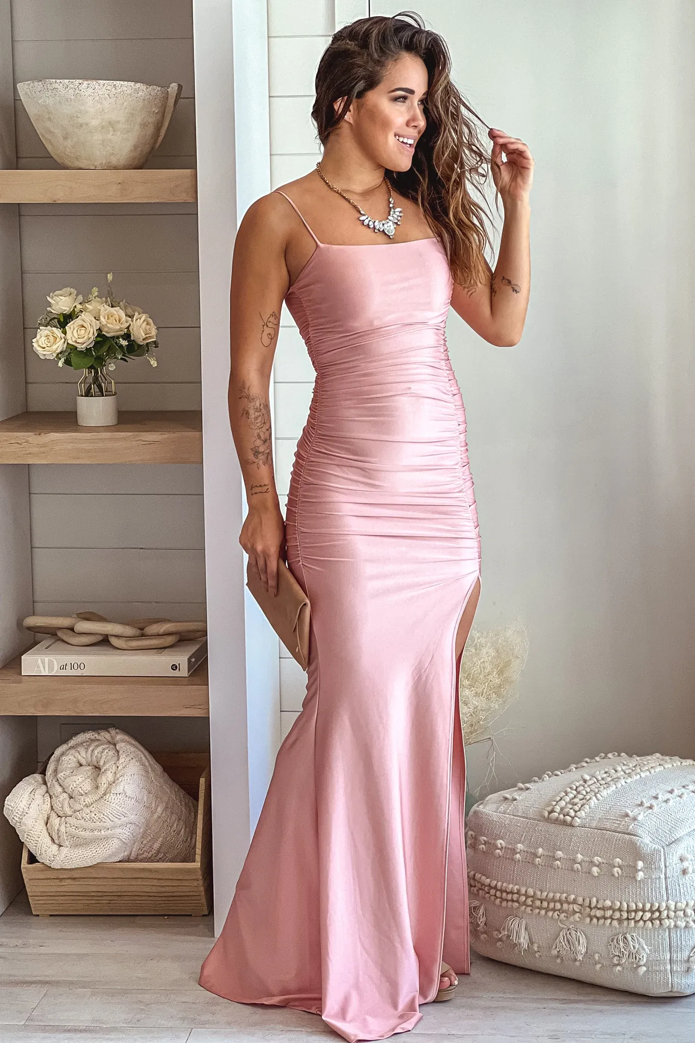 Rose Metallic Ruched Maxi Dress With Slit